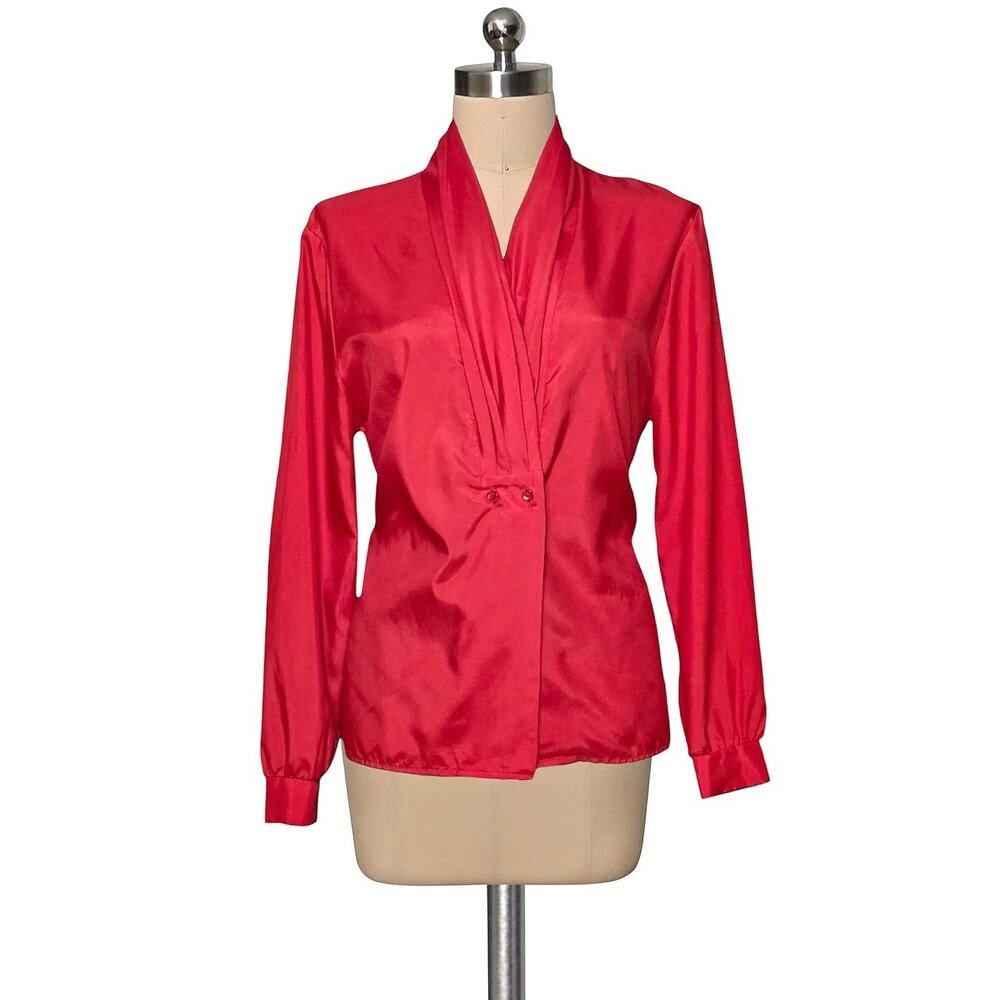 Lauren Lee Vintage 80's 90's Red Polyester Button Front Blouse Top 10